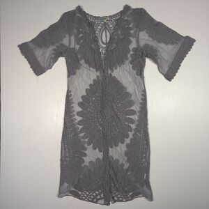 Rebellion Again Womens Grey Lace Duster Cardigan Sheer Boho Floral Mesh Large